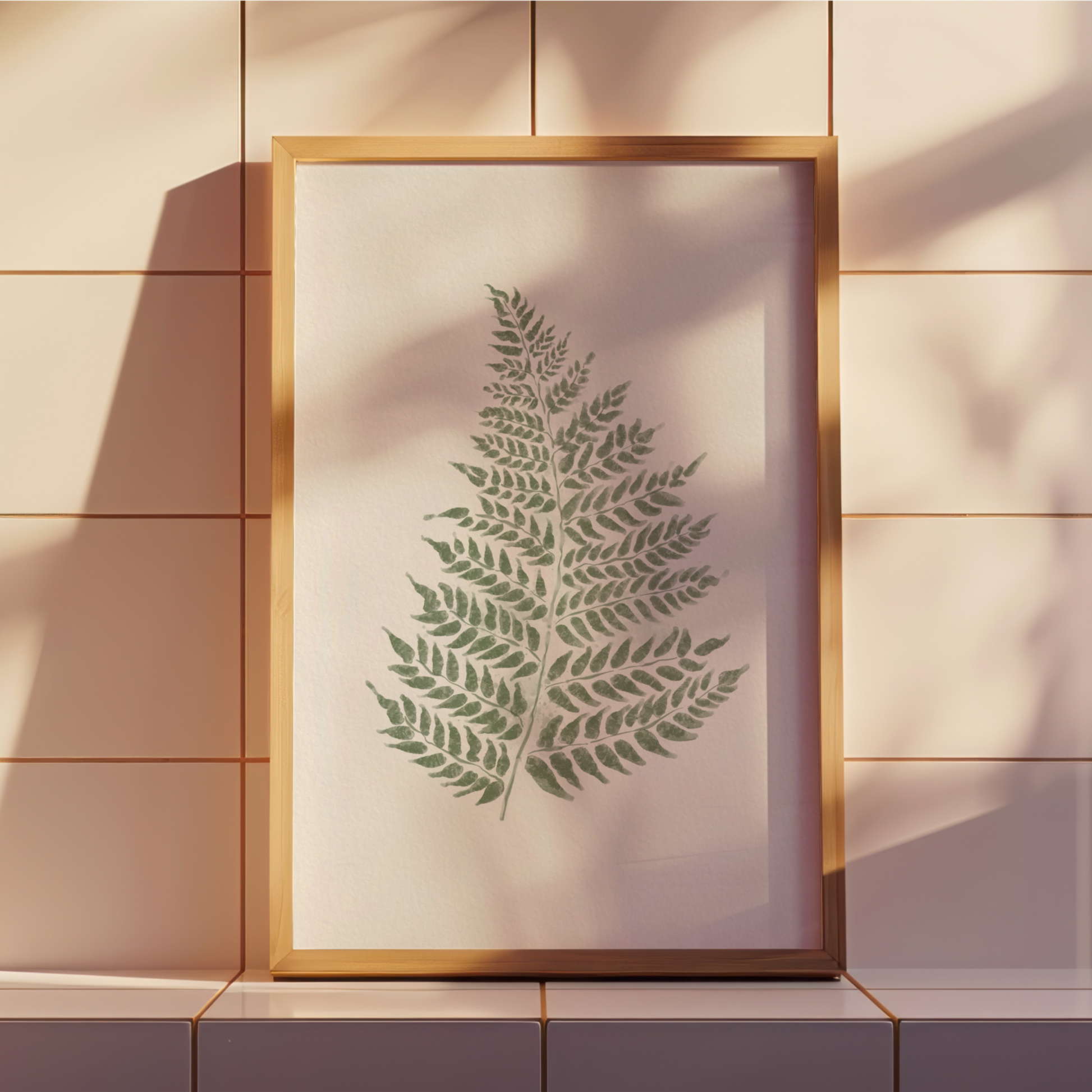  Inramad tavla med botaniskt akvarellmotiv av ormbunksblad, Japandi-stil.