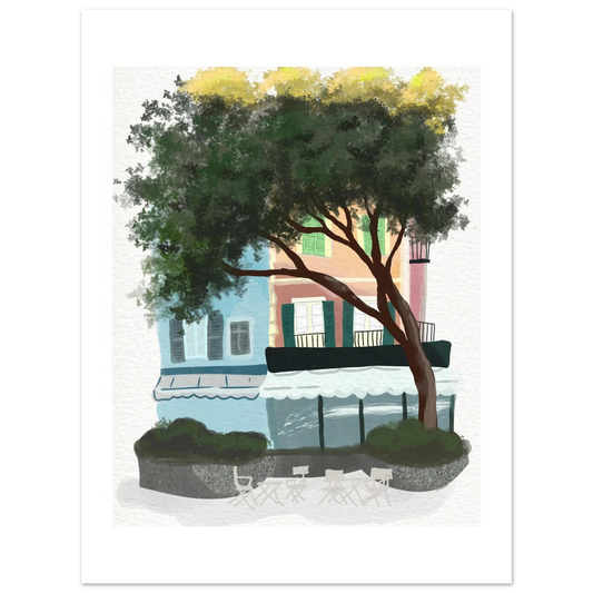 Färgglad illustration av ett italienskt torg i Ligurien med charmiga husfasader och gröna träd, handmålad gouache-stil av Tove Malm.