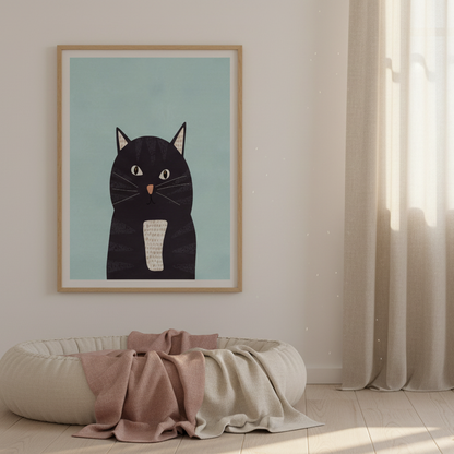 Babynest i eftermiddagsljus med kattpostern Fräsig på väggen