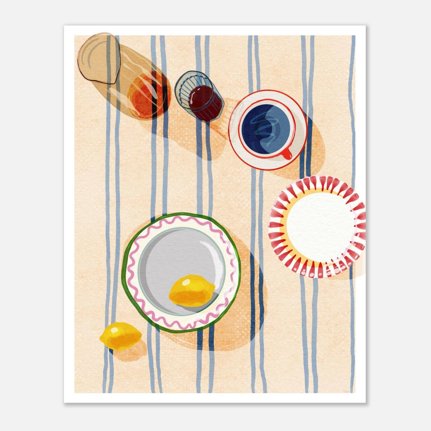 Vintageinspirerad poster med motiv av ett dukat köksbord, färgglada tallrikar och glas.