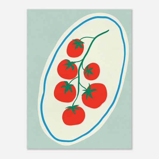 Vintageinspirerad botanisk illustration av röda körsbärstomater på ett fat, handritat konsttryck av Tove Malm.