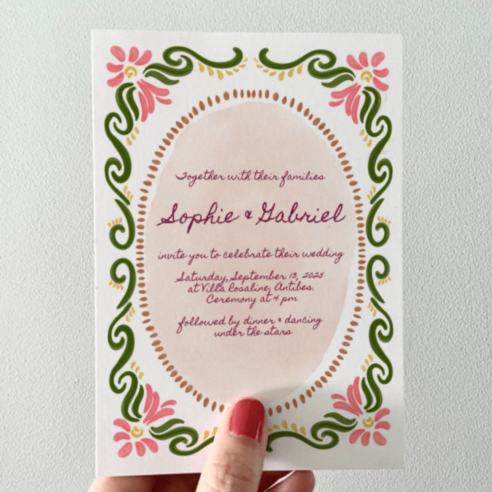 Kurbits wedding invitation in A5 and A6 with a hand-painted green and pink frame – Tove Malm