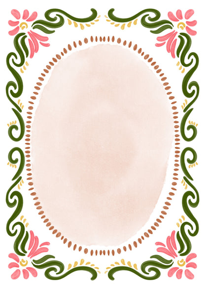 Kurbits wedding invitation with a pink oval and folk art frame in A6 and A5