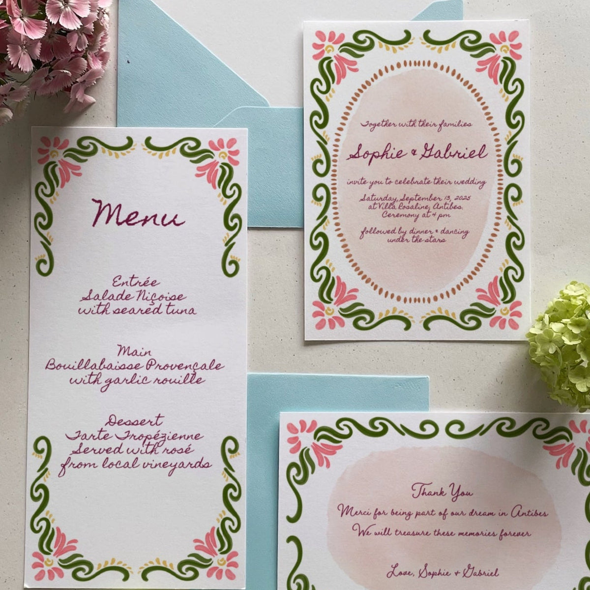 Menu card, thank you card and wedding invitation in the Kurbits design