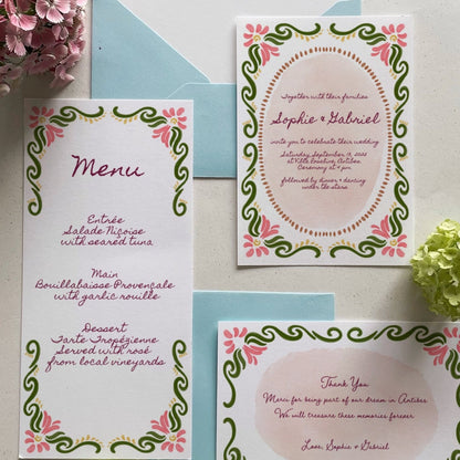 Menu card, thank you card and wedding invitation in the Kurbits design