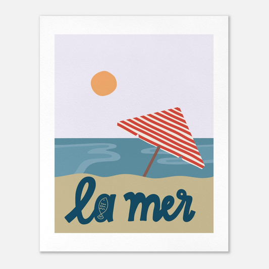 Minimalistisk strandtavla med rött parasoll och blått hav i skandinavisk design. 
