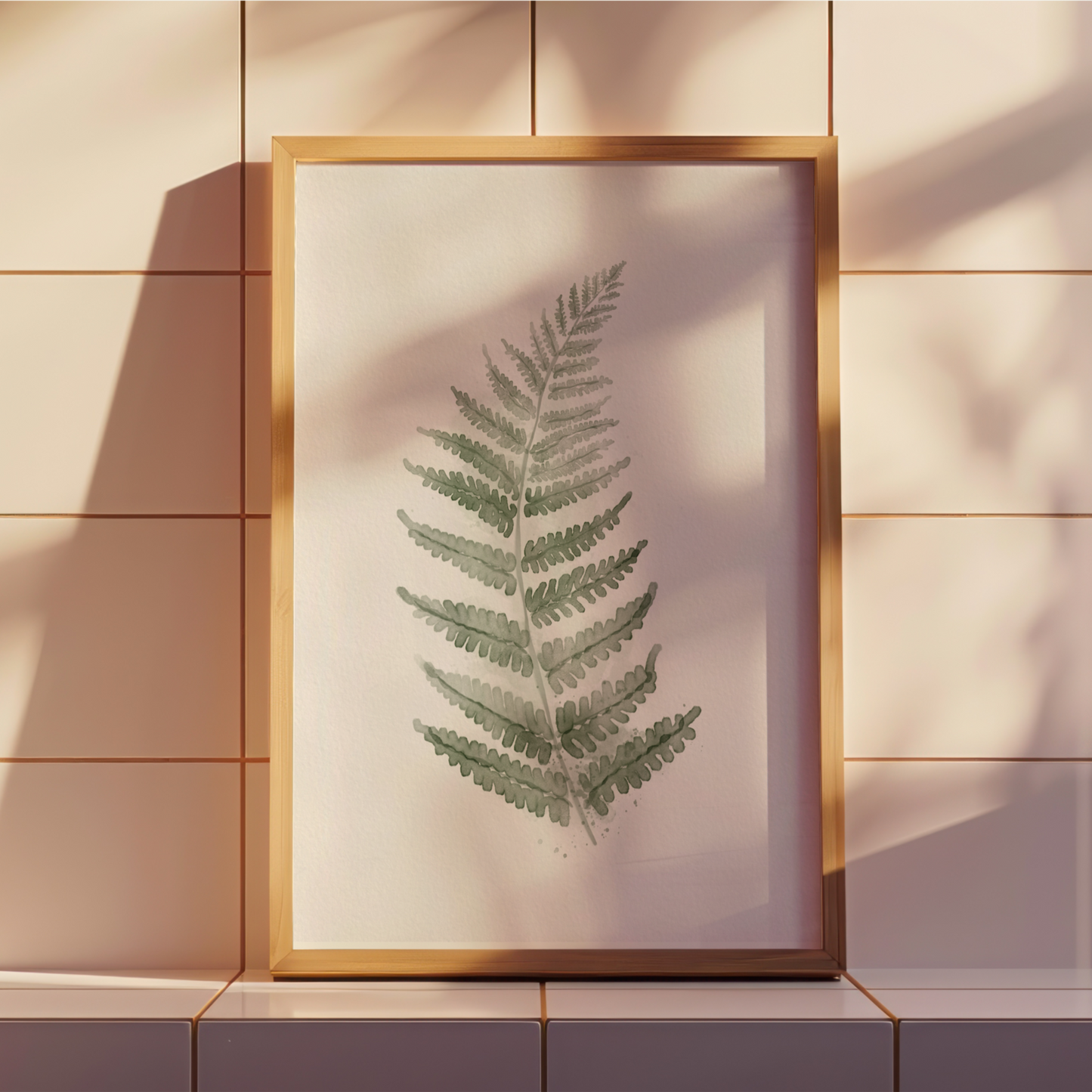 Botanisk poster med en grön ormbunke i en träram som lutar mot en ljus vägg för en avslappnad inredningsstil.