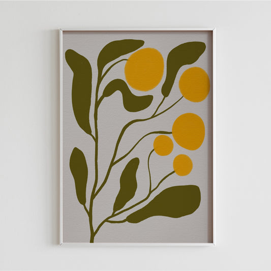 Abstrakt och sketchigt ritad illustration av en Mimosa i gula toner i vit ram