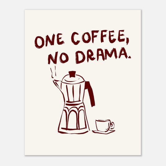 En handritad kaffeposter med titeln One Coffee No Drama hängande centralt på en vägg. Denna minimalistiska kaffetavla med illustrationer av kaffebryggare skapar en stilren känsla i rummet.