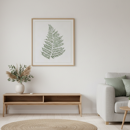 Skandinaviskt vardagsrum med en botanisk poster med naturmotiv i träram