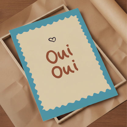 Unboxing av Oui Oui-poster placerad i en ram, perfekt som en färgglad och personlig doppresent.