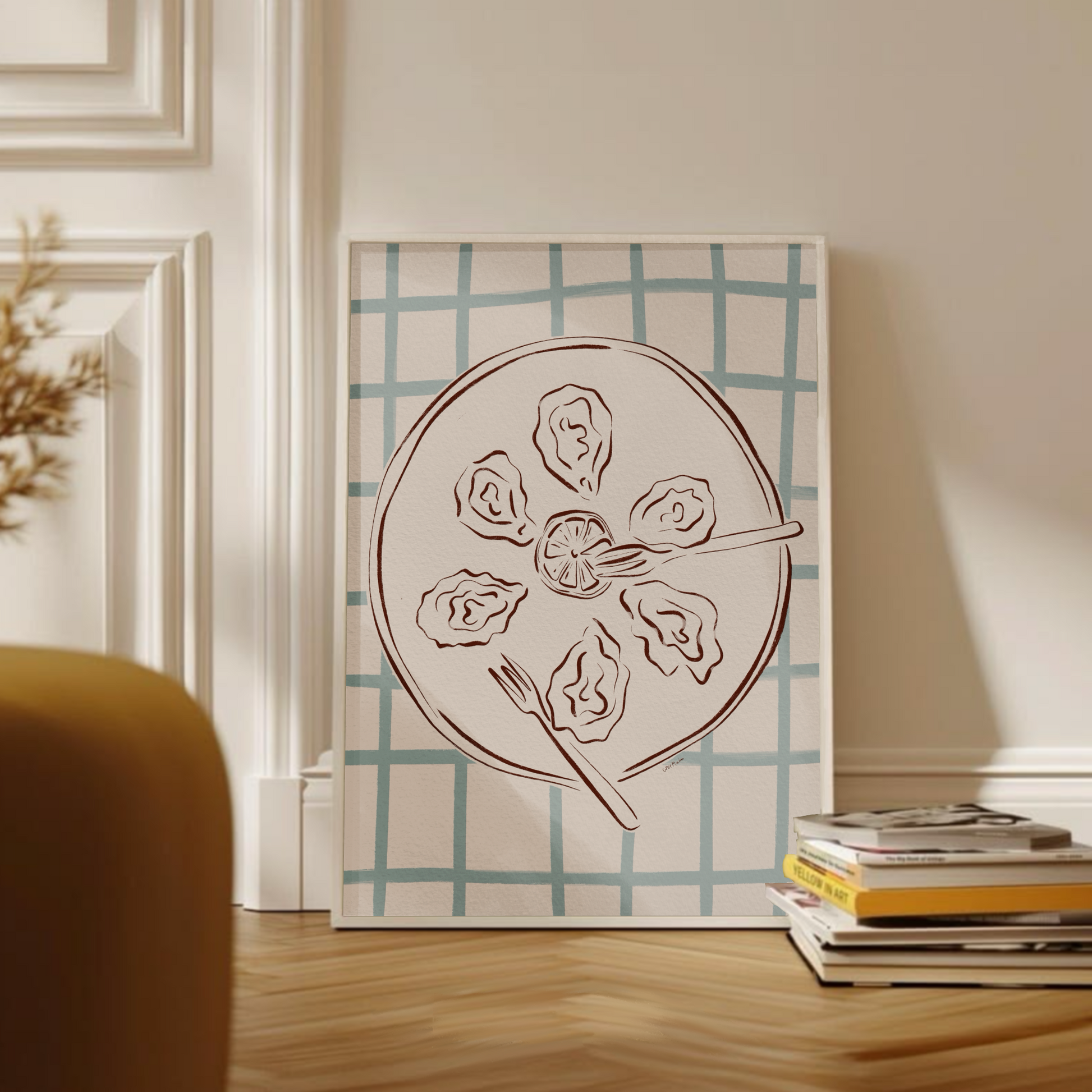 Inredningstips för matsal med ostronmotiv i gouache, grafiska former och dämpade pasteller