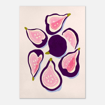 Handmålad fikon poster i gouache med lila fikon mot persikofärgad bakgrund, färgglad matkonst för köket