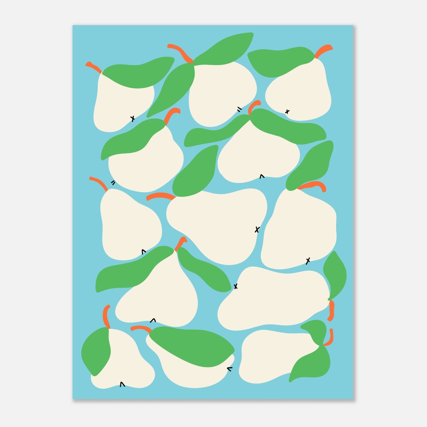 En grafisk poster med ett tätt mönster av vita päron med gröna blad mot en ljusblå bakgrund. Modern väggkonst skapad av illustratören Tove Malm.