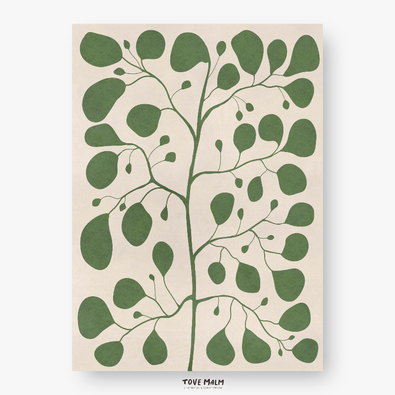En modern botanisk illustration av ett fikonträd med runda gröna blad mot en beige bakgrund. Grafisk växtposter skapad av Tove Malm för minimalistisk inredning.