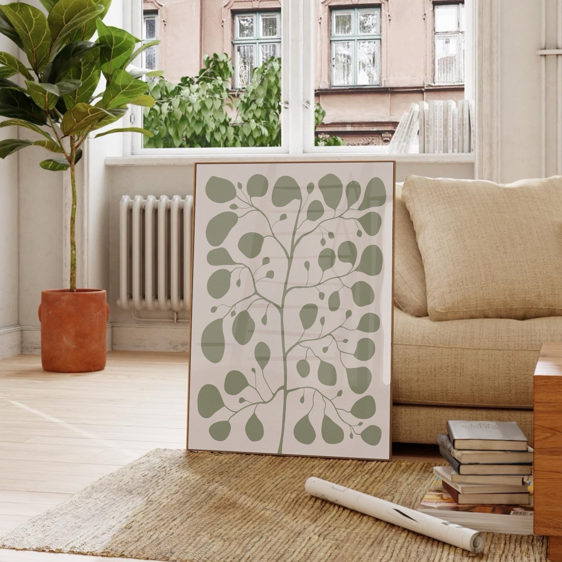 Närbild på den botaniska postern Pilea Jade placerad i en ljus miljö. En sofistikerad grön växtposter som passar perfekt för en minimalistisk tavelvägg.