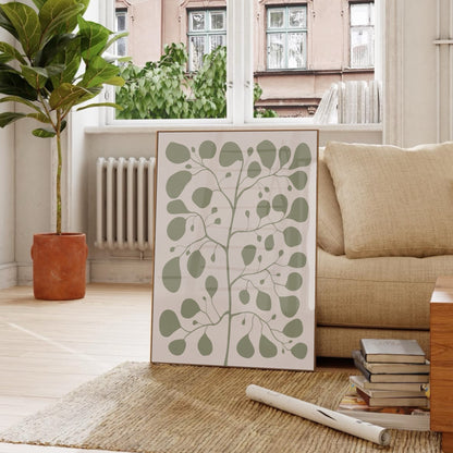 Närbild på den botaniska postern Pilea Jade placerad i en ljus miljö. En sofistikerad grön växtposter som passar perfekt för en minimalistisk tavelvägg.