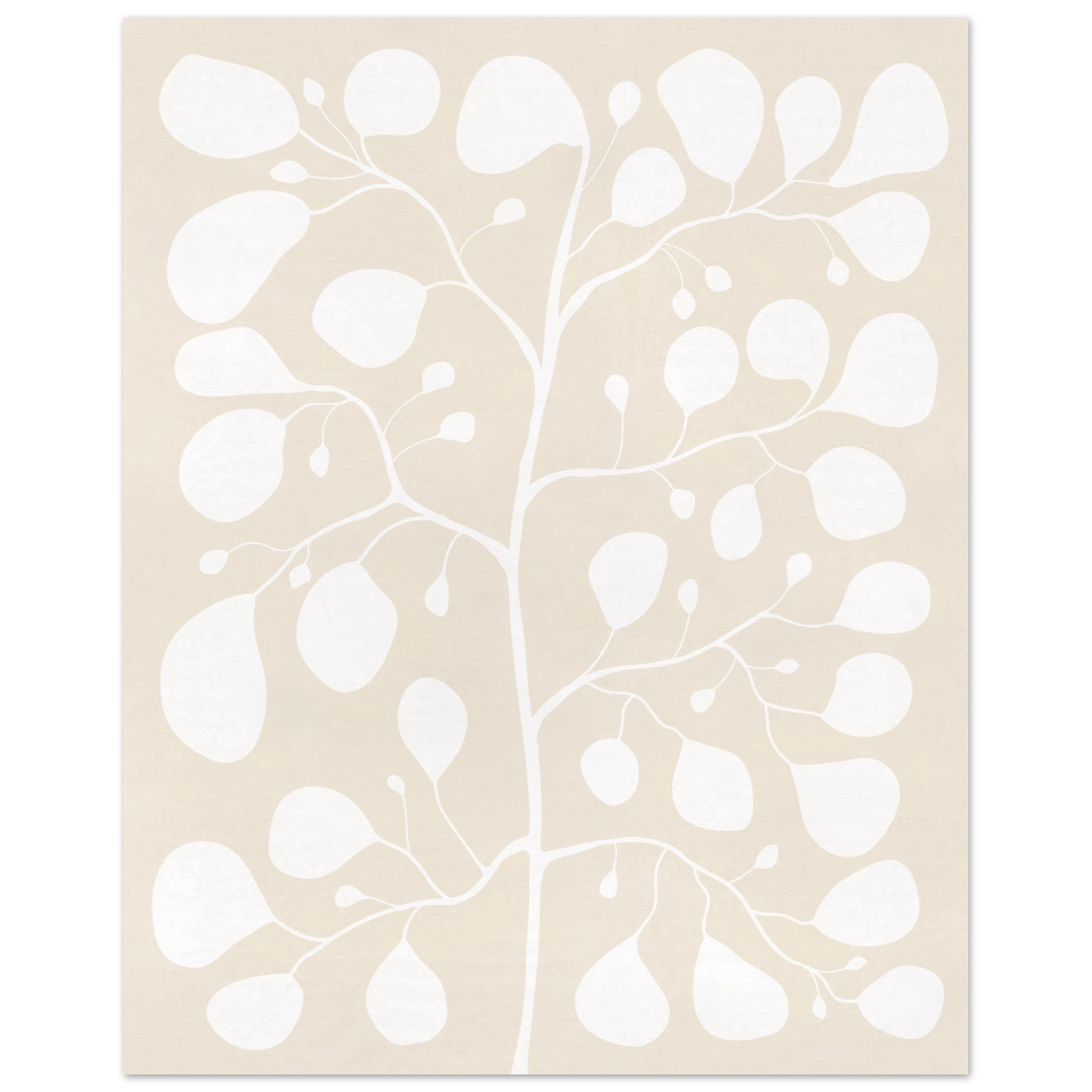 En minimalistisk botanisk poster föreställande en vit Pilea-växt i nyansen Lucent White mot en varm beige canvas-bakgrund, skapad av Tove Malm Illustration.