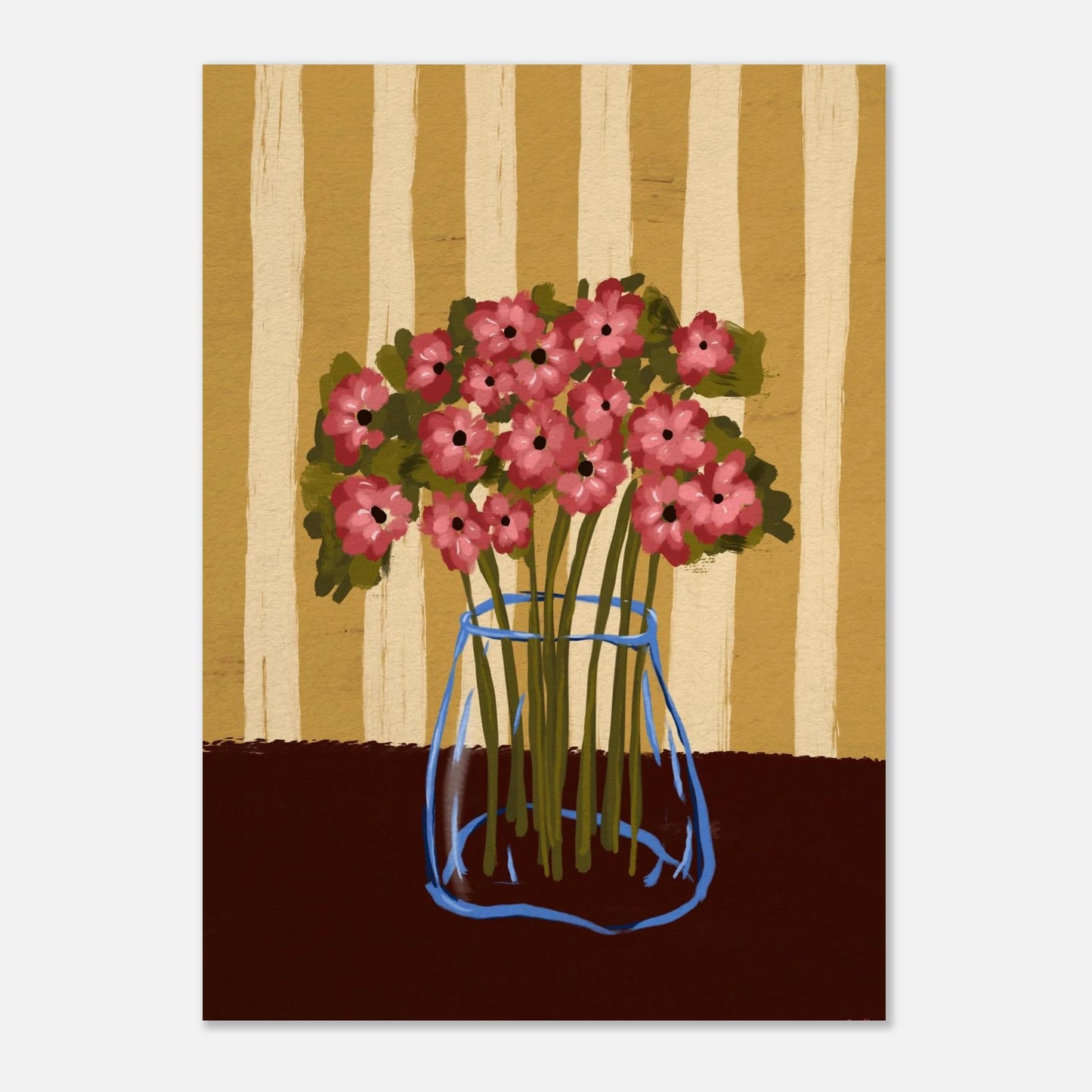 Handmålad poster Poppy Stripe med rosa vallmor i blå glasvas mot gulrandig bakgrund, digital oljetextur.