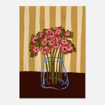 Handmålad poster Poppy Stripe med rosa vallmor i blå glasvas mot gulrandig bakgrund, digital oljetextur.