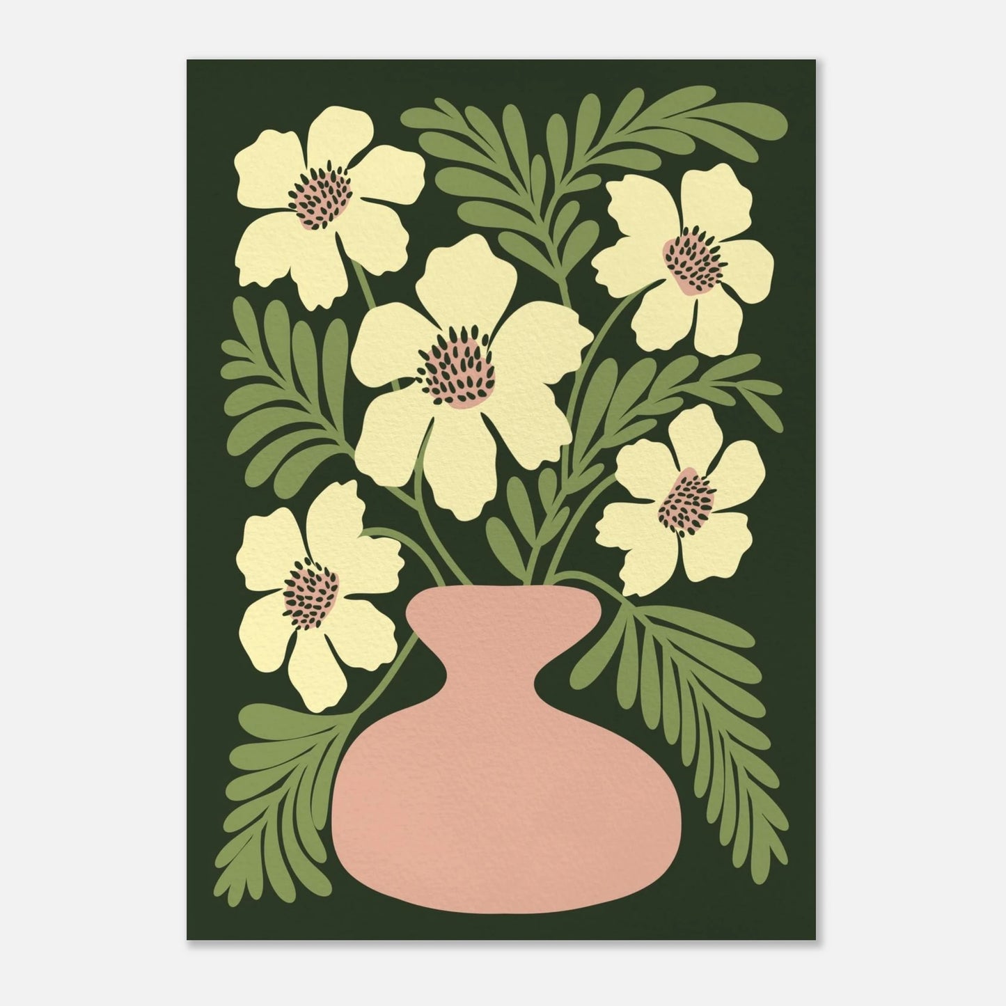 Botanisk vallmoillustration Poppy Green med vita blommor i blå vas, närbild