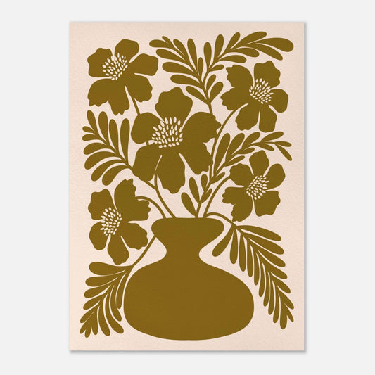 Botanisk poster med rosa vallmor mot olivgrön bakgrund – Tove Malm