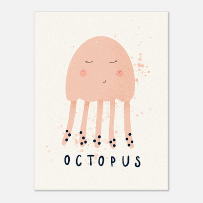 Bläckfiskposter i modern barnrumsinredning, abstrakt design och färgglad illustration som lyfter väggarna.