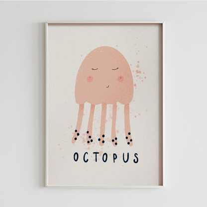 Bläckfiskillustration i vit ram på vägg, livfulla färger och abstrakt design, perfekt för barnrum och lekrum.
