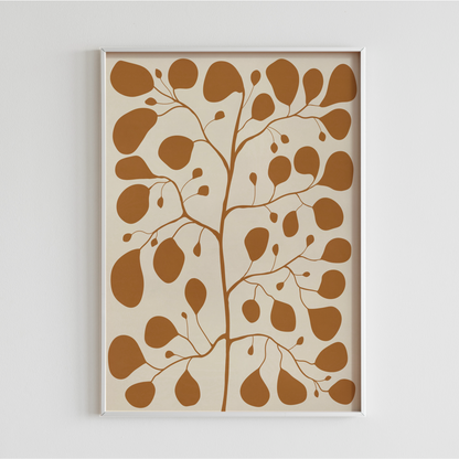 Poster med Pilea Peperomioides i vit ram på vägg, japandi-stil, varm gul bakgrund