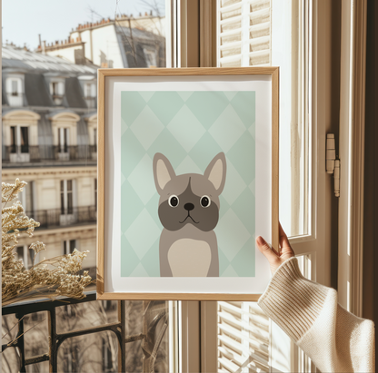 Pitbull-poster i ram med Paris i bakgrunden, charmig hundillustration i sage green för hundälskare och inredningsintresserade.