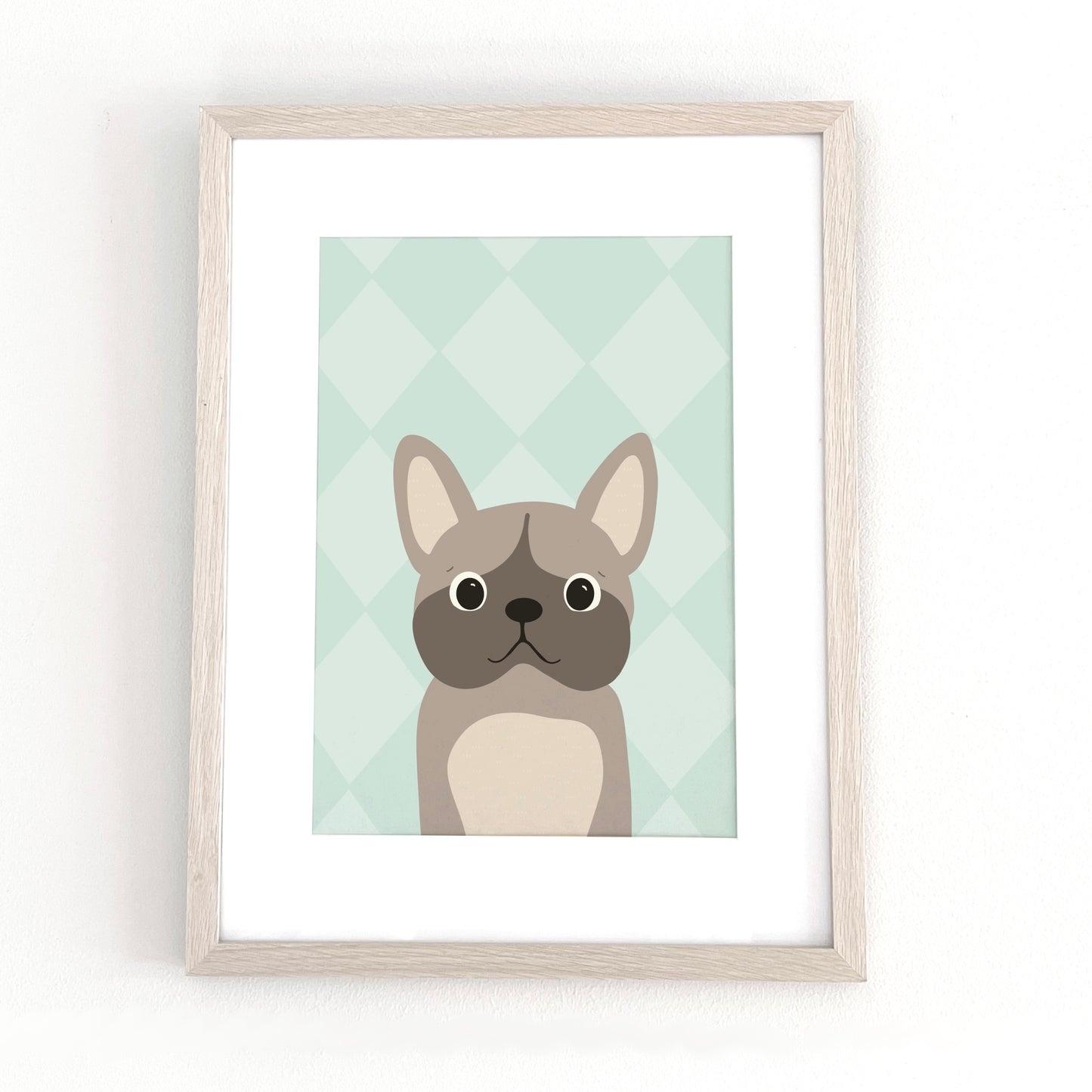 Pitbull illustration i ram på vägg, mjuka sage green toner för barnrum och modern inredning.