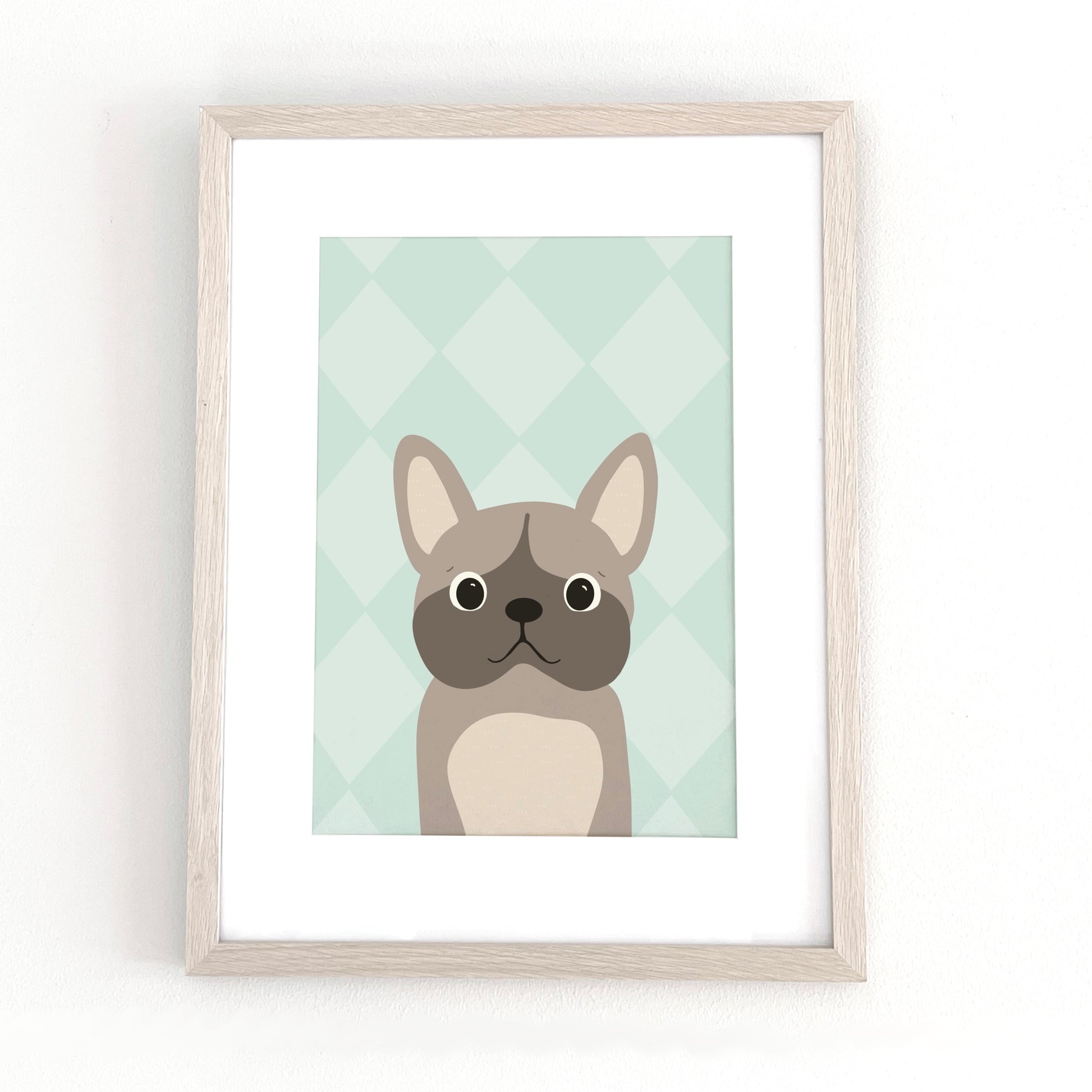 Pitbull illustration i ram på vägg, mjuka sage green toner för barnrum och modern inredning.