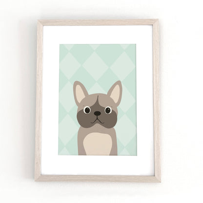 Pitbull illustration i ram på vägg, mjuka sage green toner för barnrum och modern inredning.