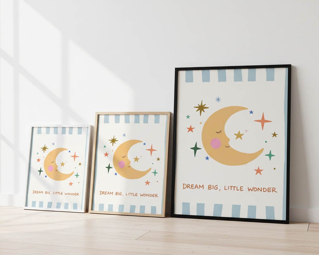 Storleksjämförelse av posters i formaten 30x40 cm, 40x50 cm och 50x70 cm för att visa hur de ser ut på en tavelvägg.
