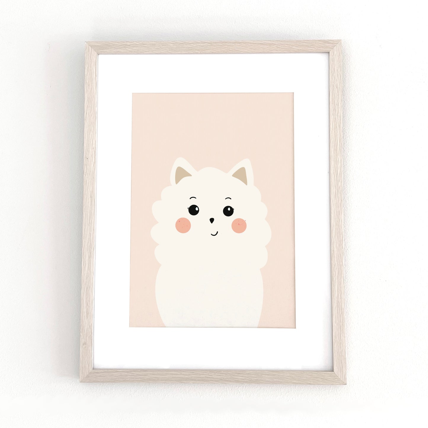 Söt vit hundposter i modern inredning, peachrosa bakgrund och mjuk grafisk stil, Bichon Frisé eller Pomeranian med vit kant.