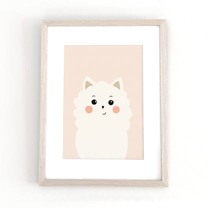 Söt vit hundposter i modern inredning, peachrosa bakgrund och mjuk grafisk stil, Bichon Frisé eller Pomeranian med vit kant.