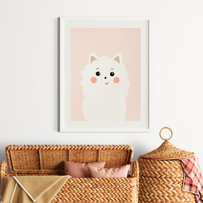 Minimalistisk vit hundposter med Bichon Frisé eller Pomeranian på peachrosa bakgrund med vit kant, passar barnrum och modern inredning.