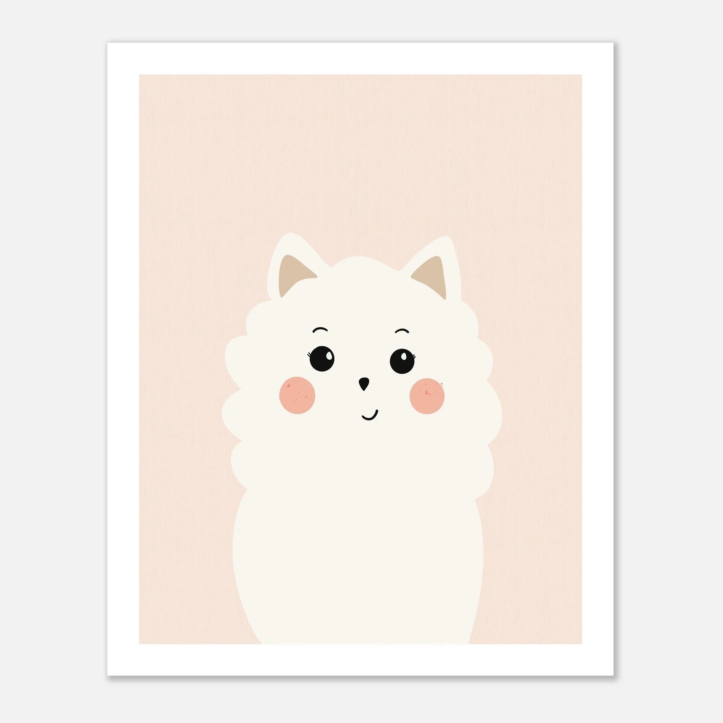 Minimalistisk vit hundposter med Bichon Frisé eller Pomeranian på peachrosa bakgrund med vit kant, passar barnrum och modern inredning.