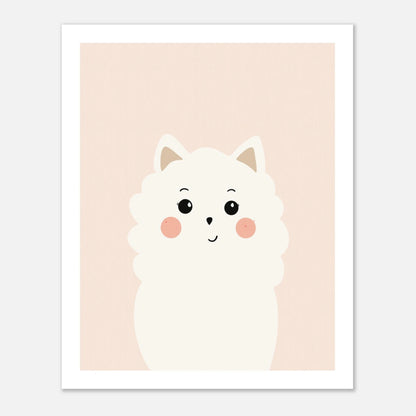 Minimalistisk vit hundposter med Bichon Frisé eller Pomeranian på peachrosa bakgrund med vit kant, passar barnrum och modern inredning.