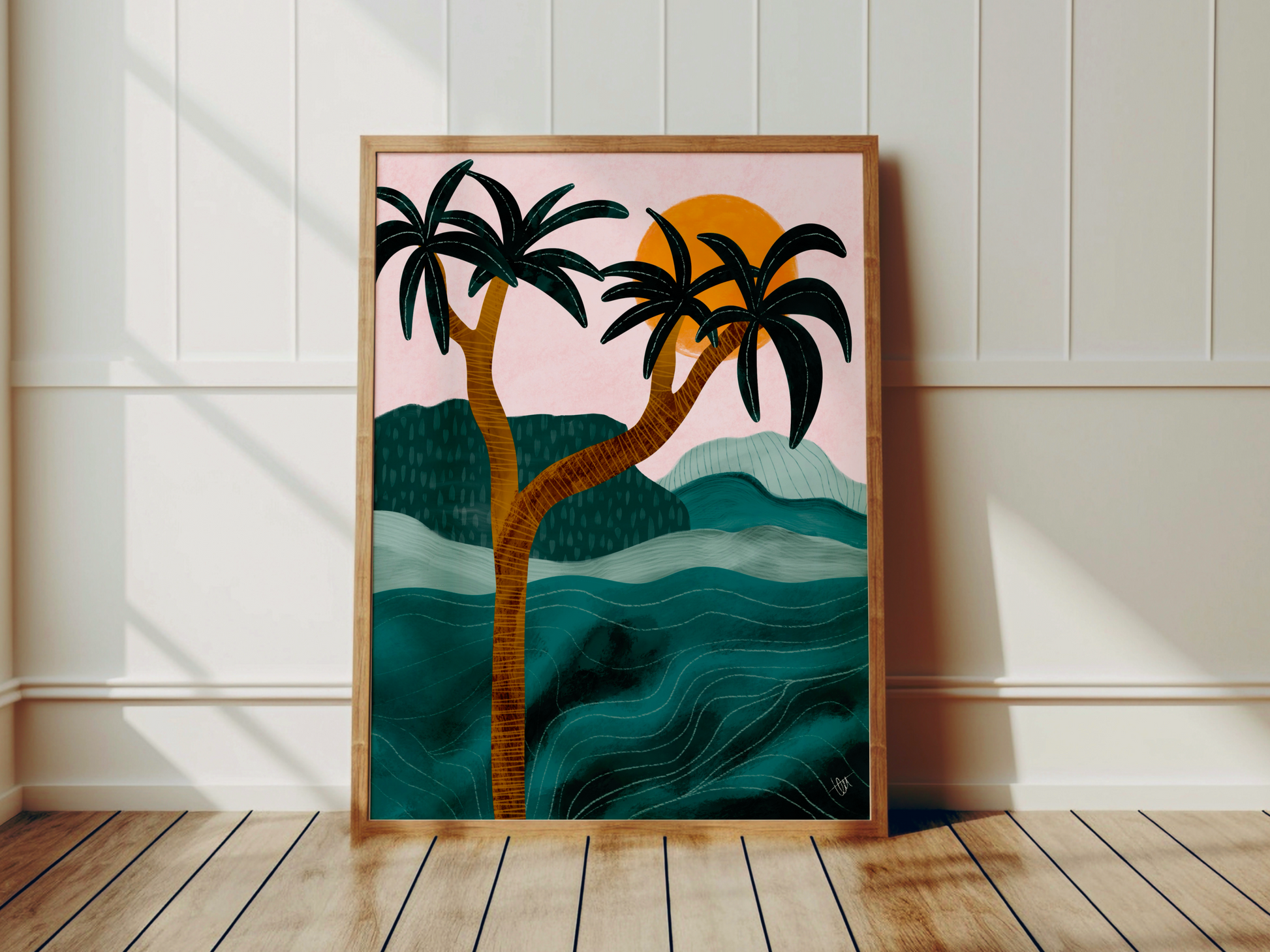färgstark djungel tema, poster till barn rum med palmer, gröna berg och rosa himmel