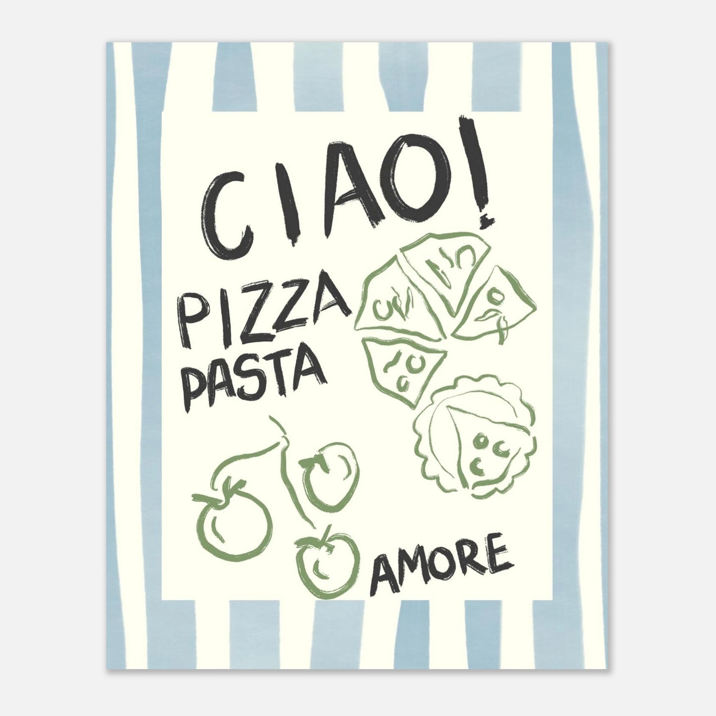 Handritad poster från Tove Malm Illustration med italienskt tema och blå vertical stripes art. En unik kökstavla som är ett perfekt presenttips vid inflyttning eller för den som älskar italiensk inredning.