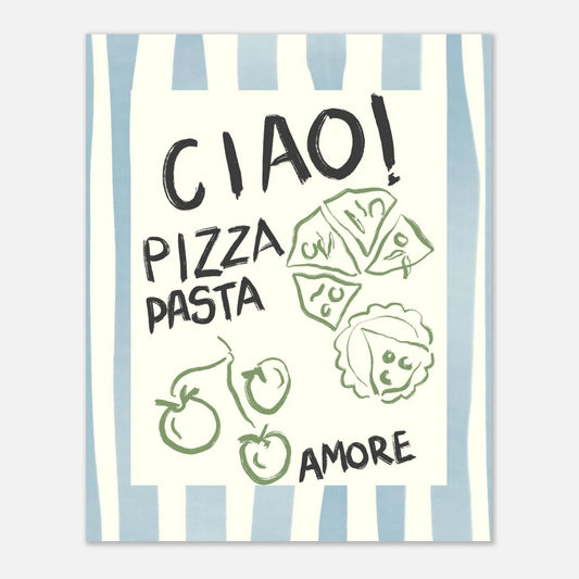 Handritad poster från Tove Malm Illustration med italienskt tema och blå vertical stripes art. En unik kökstavla som är ett perfekt presenttips vid inflyttning eller för den som älskar italiensk inredning.