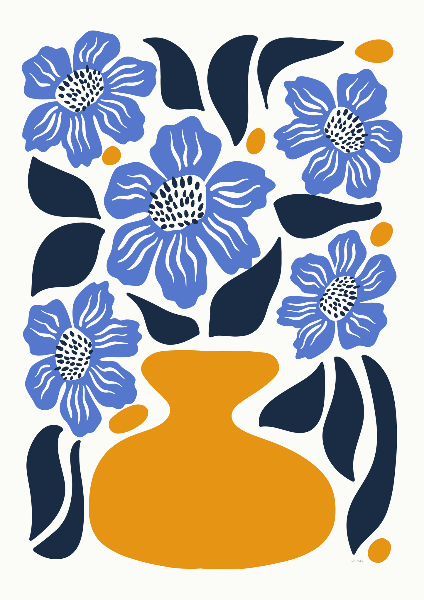 Blå Vallmo illustration i retro färger, design Tove Malm