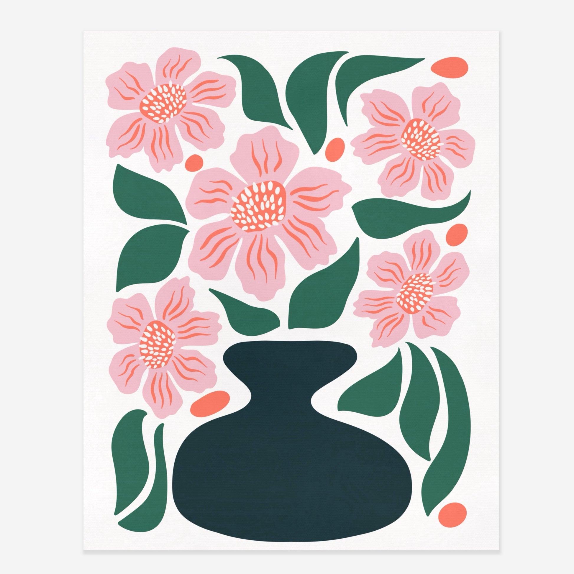 Botanisk illustration från Tove Malm Studio föreställande rosa blommor och mörkgröna blad i en svart vas mot en vit bakgrund. Modern grafisk poster med konstnärligt hantverk