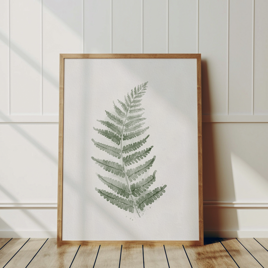 Botanisk poster med en stilren ormbunke i akvarell, dov grön och sepia.