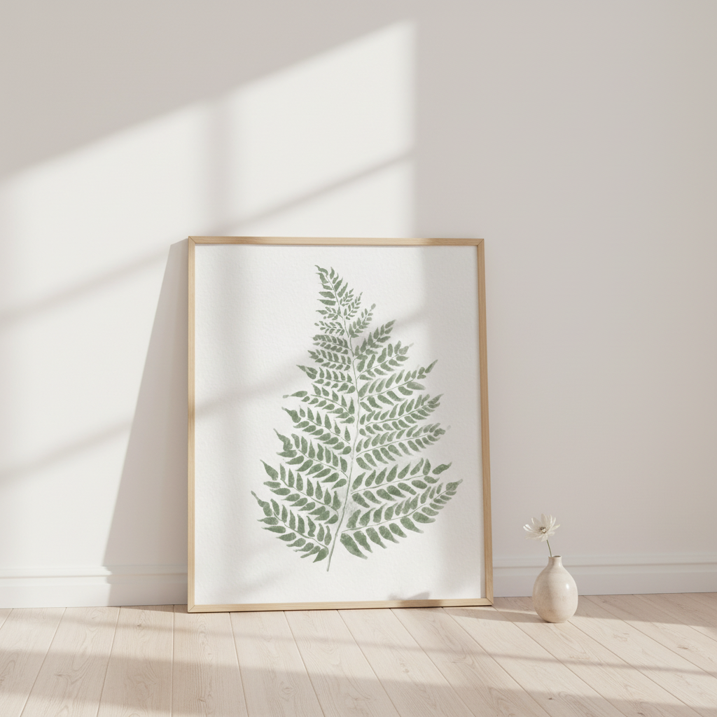 Poster lutad mot vägg med botanisk poster föreställande en ormbunke