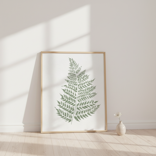Sage Green Fern poster lutad mot vägg – handmålad ormbunke i salviagrön