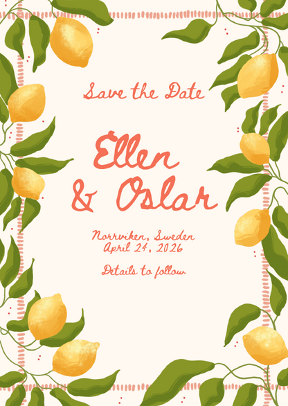 Save the date-kort Citronkrans med handmålade citroner