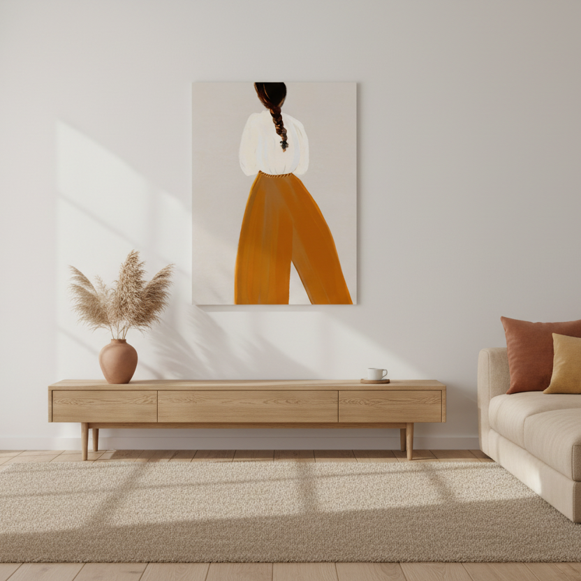 Skandinaviskt vardagsrum med en tavla med kvinna med bruna byxor