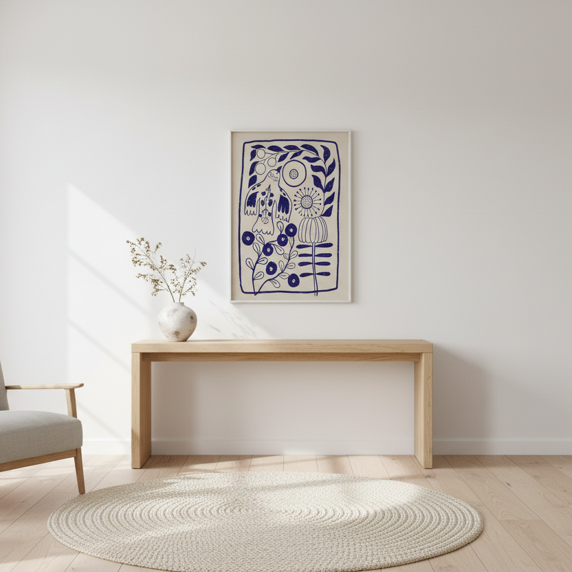 Skandinaviskt vardagsrum med en blå folk art poster